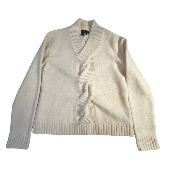 Lauren Ralph Lauren Sweaters - Lauren Ralph Lauren Lambswool Cable Knit Sweater Large Cream Shawl Neck Pullover